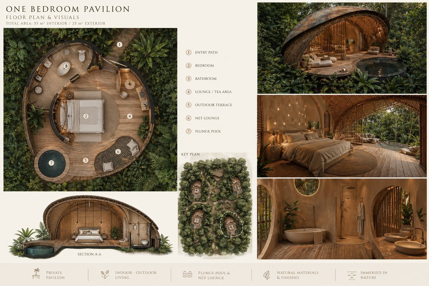 One bedroom pavilion floor plan and visuals